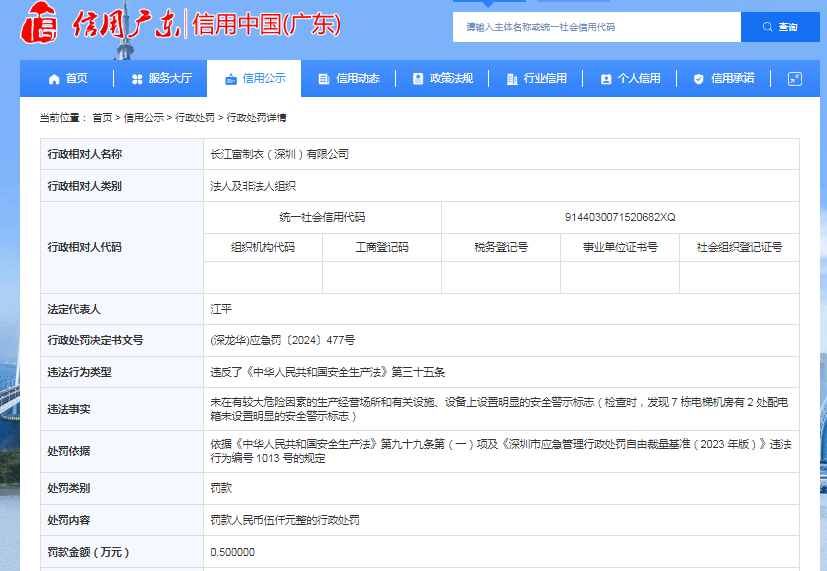 长江富制衣（深圳）有限公司被罚款 0.5 万元